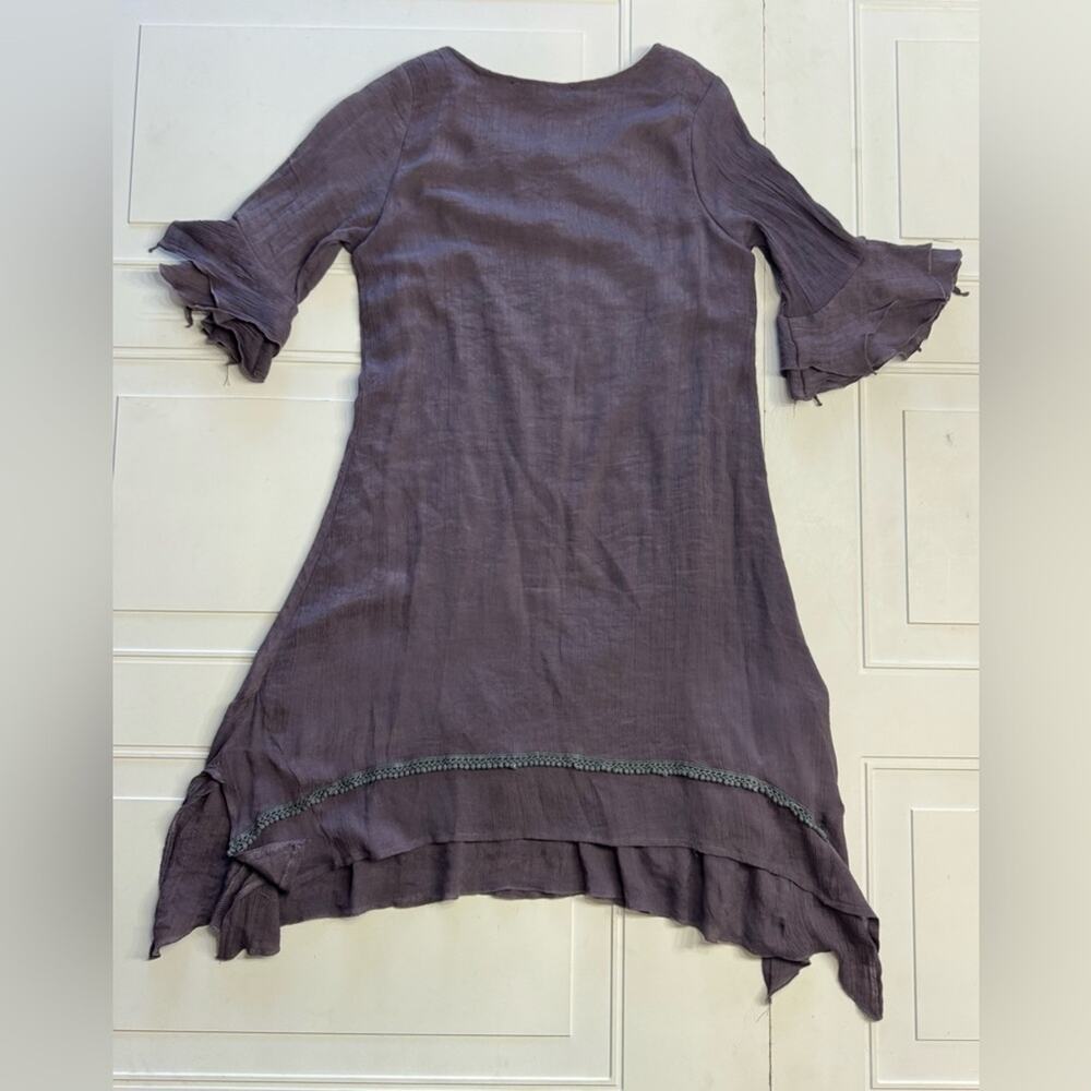 Aria Women’s Sz M Silk Cotton Asymmetrical Hem Bell Sleeve Gray Dress - Picture 7 of 8